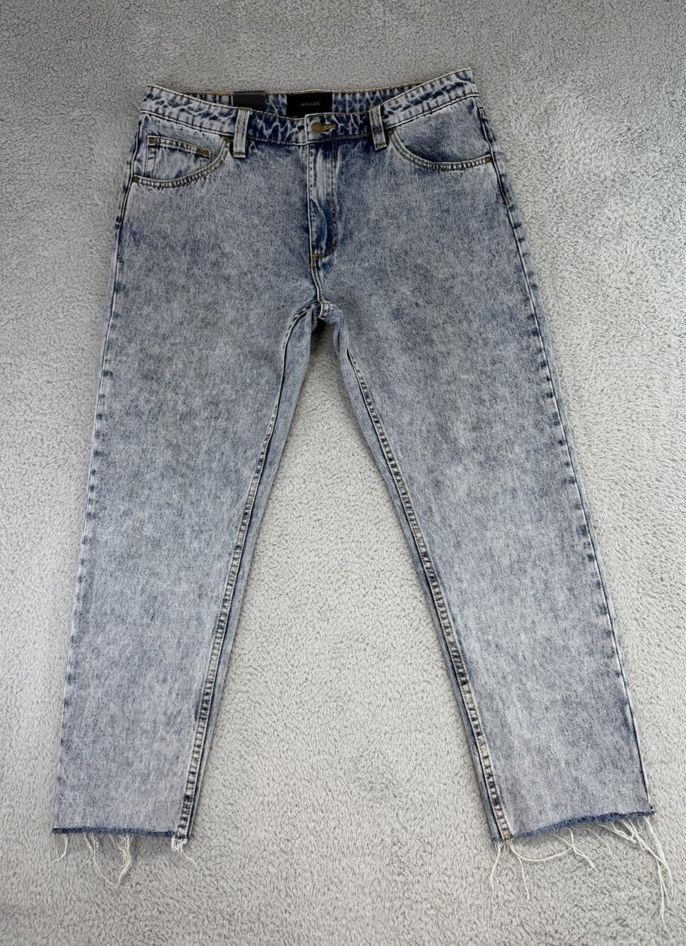 ROLLA'S Relaxo Chop Straight Leg Raw Hem Jeans Acid Wash Mens 34x27 NWT